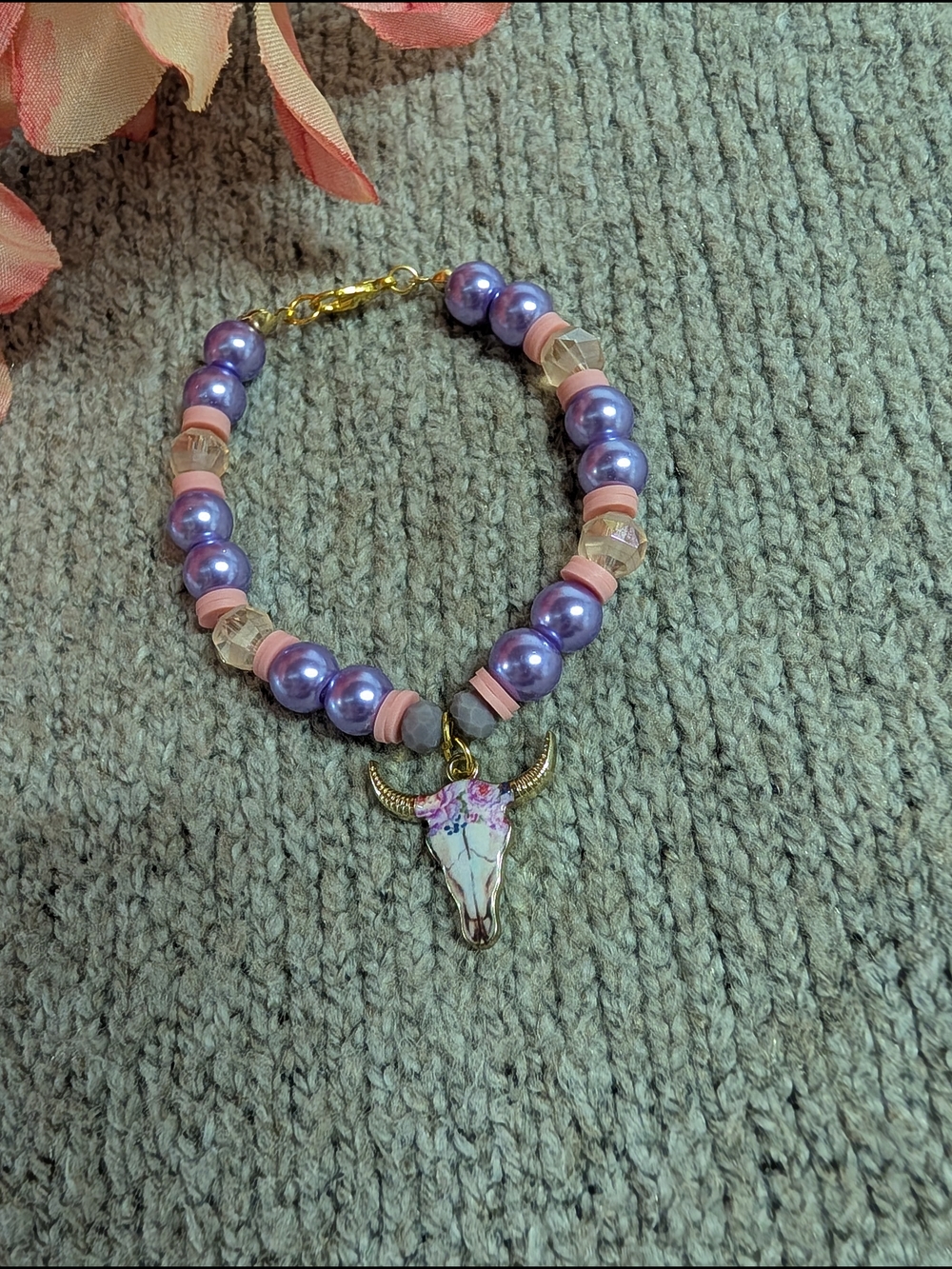 Lavender & Pink Beaded Bracelet with Floral Bull Skull Charm